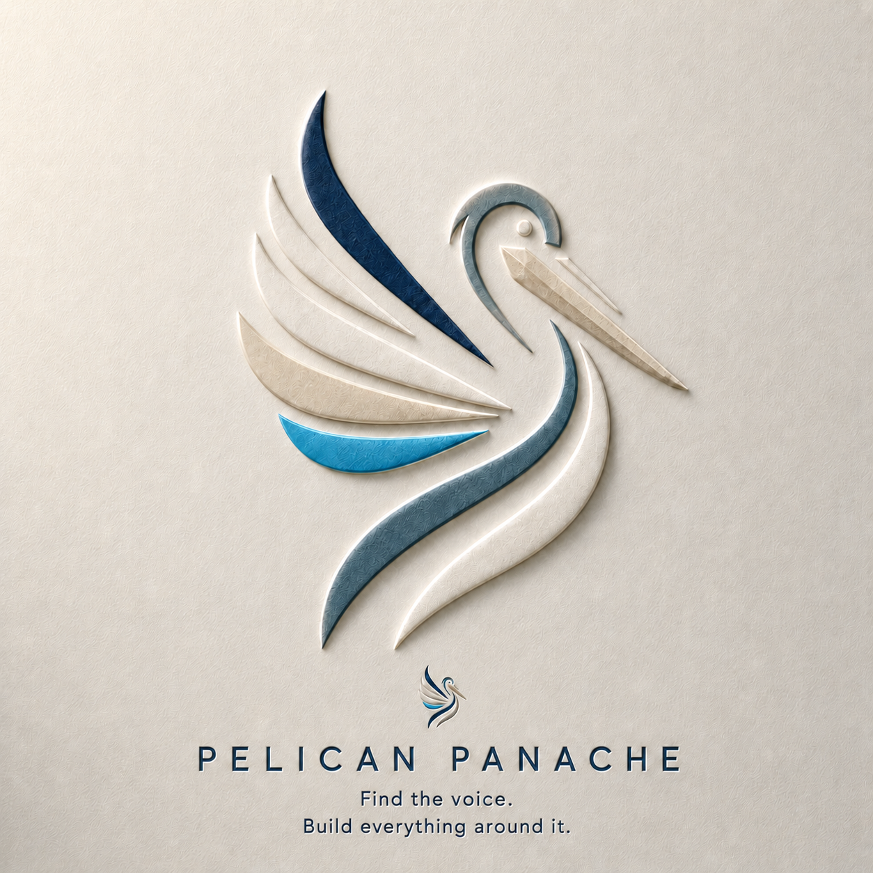 Pelican Panache mark rendered as a tactile embossed relief on textured stock, wordmark and tagline set beneath.